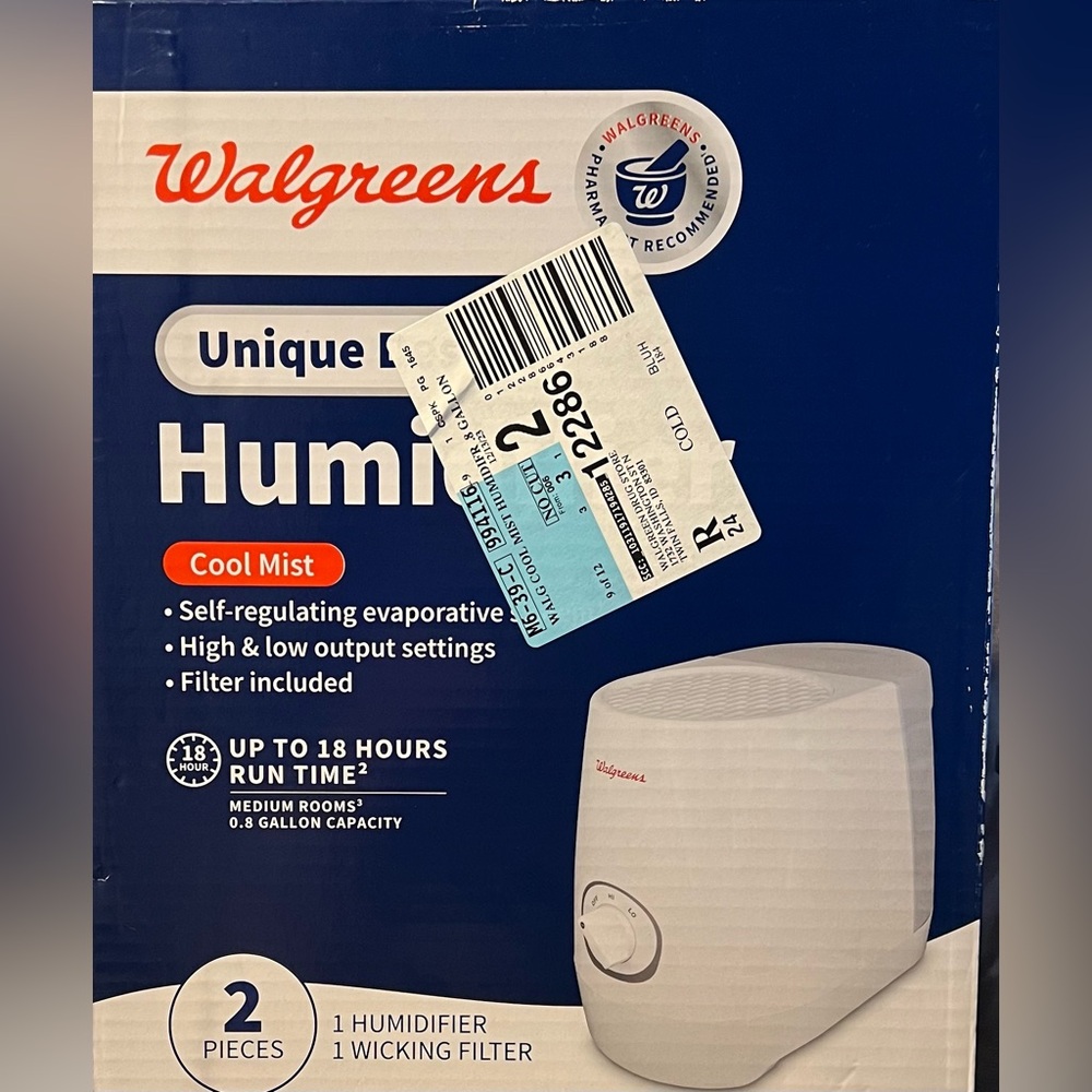Walgreens Cool Mist Humidifier High & Low Settings Run Up To 18 Hours New In Box